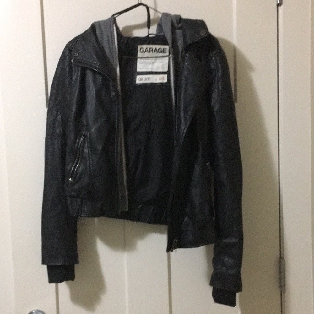 garage leather jacket with sewn-on zip up hoodie